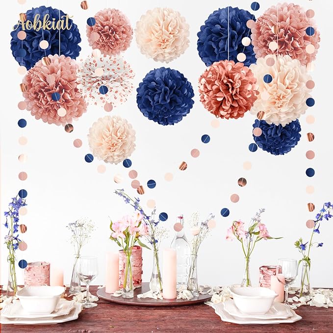 AOBKIAT Rose Gold and Navy Blue Party Decorations Set,Tissue Paper Pom Poms,Paper Garland for Women Engagement Anniversary,30th,40th,50th,60th,Birthday Party Supplies