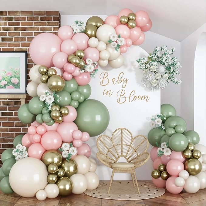 Baby in Bloom Balloon Arch Kit, 134Pcs Dusty Sage Green and Pastel Pale Pink Cream White Beige Light Gold Floral Balloon Garland for Girls Boho Baby Shower Flower Birthday Garden Tea Party Decorations
