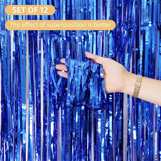 12 Pack Blue Foil Curtain Backdrop 3.2ft x 6.6ft Metallic Tinsel Fringe Backdrop Curtains Streamer Photo Booth Backdrop for Birthday Engagement Bachelorette Christmas Holiday Party Decorations