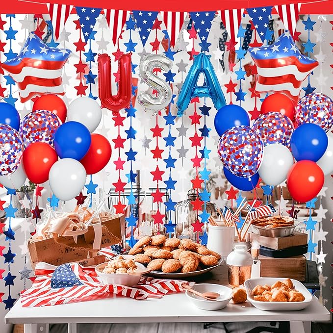 Red White and Blue Balloons Party Decorations with Patriotic Theme Foil Fringe Curtain for Graduation Party Supplies Nautical Veterans Memorial Day 4th of July Balloon Arch Decorations