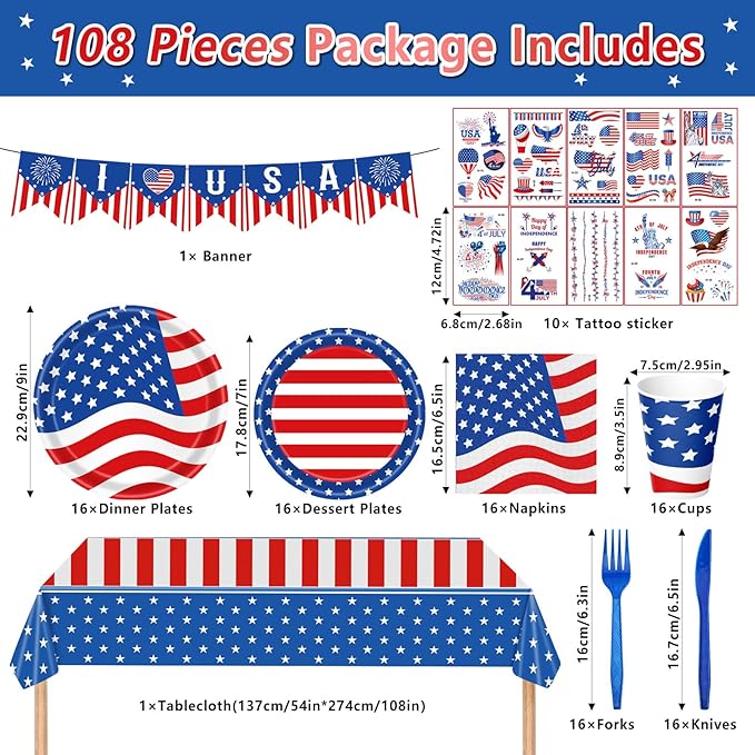 108PCS 4th of July Party Supplies American Flag Tableware Set Forth of July Patriotic Party Decorations Patriotic Paper Plates and Napkins Tablecloth Memorial Independence Day Dinnerware for 16 Guests