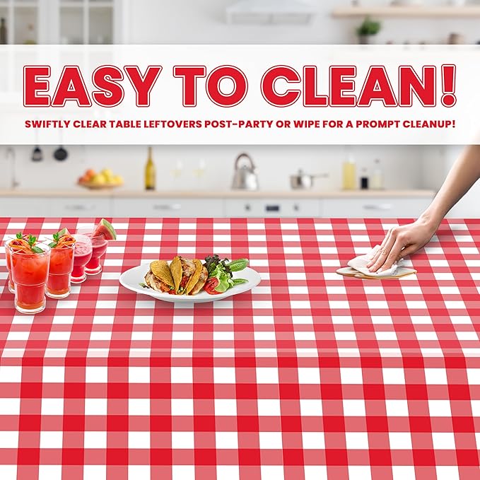 Grandipity 12 Pack Premium Disposable Plastic Picnic Tablecloth 54 Inch. x 108 Inch. Decorative Rectangle Table Cover - Red Checkered Gingham
