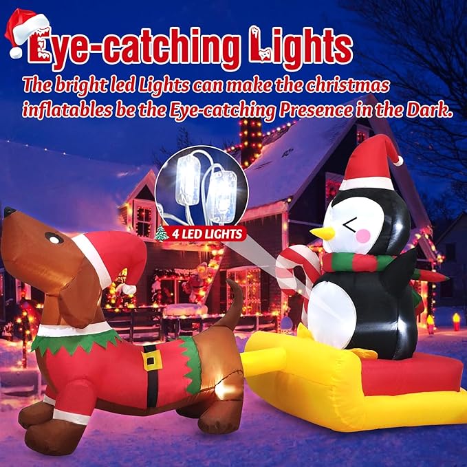 Danxilu 6 FT Long Christmas Inflatable Dog Sled with Penguin Outdoor Decorations- Blow Up Penguin on Dog Sleigh Yard Decorations for Xmas Holiday Indoor Garden Lawn Party Patio Décor