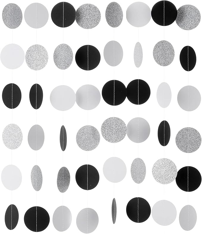 WEVEN Black White Silver Glitter Paper Garland Circle Dot Streamer Banner for Graduation Bridal Shower Wedding Birthday Party Decorations, 2.5" in Diameter, 20 Feet in Total