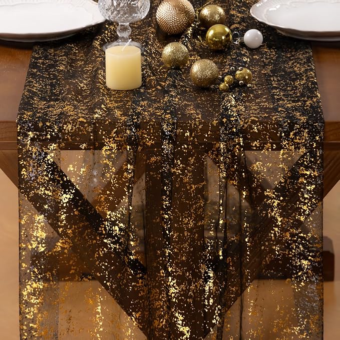 Socomi Gold Table Runner Gauze Tulle Sheer Glitter Metallic Foil Chiffon Cheesecloth Sequin 10FT Wedding Birthday Party Dining Anniversary Holiday Centerpiece Table Decor Black