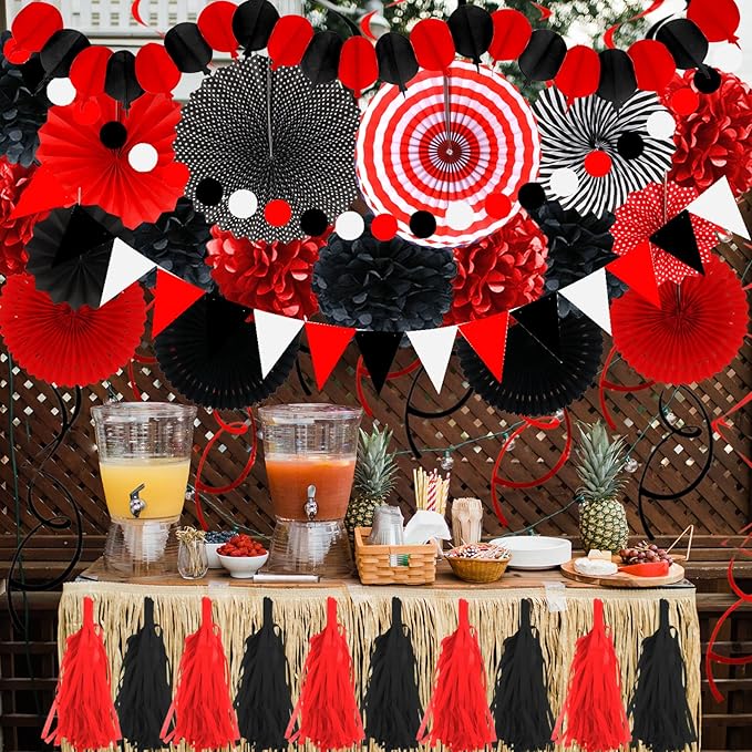 ZERODECO Party Decorations, 41 Pcs Black and Red Papar Fans Pompoms Garlands String Tissue Paper Tassel for Graduation Bridal Baby Shower Wedding Boy Girl Birthday Party