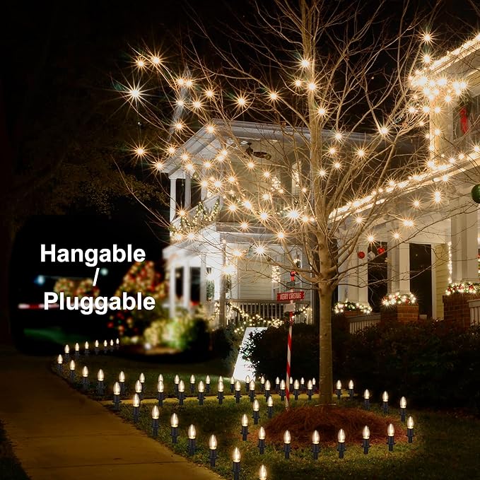 Outdoor Warm Christmas Pathway Lights, 24.2ft 20 Lights with Stakes, Outside Walkway Marker, C9 Christmas Decor, Driveway Decorations, Waterproof, Hanging or Plugging