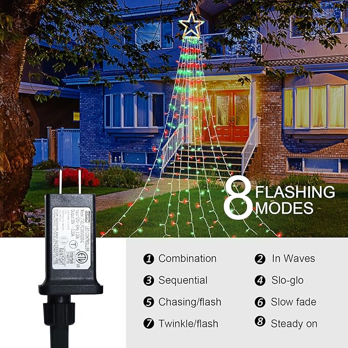 Outdoor Christmas Lights, 320 LED String Lights with Star Tree Topper, Outdoor Christmas Decorations [8 Modes & Waterproof] for Halloween Xmas New Year Holiday (Plastic Star-Red & Green)
