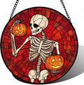 Stained Glass Window Hanging - Halloween Decorations Skeleton Pumpkin Suncatcher for Doors Garden Indoor Spooky Funny Sun Catchers Gothic Decor Horror Gifts for Women Men Friend 15 in