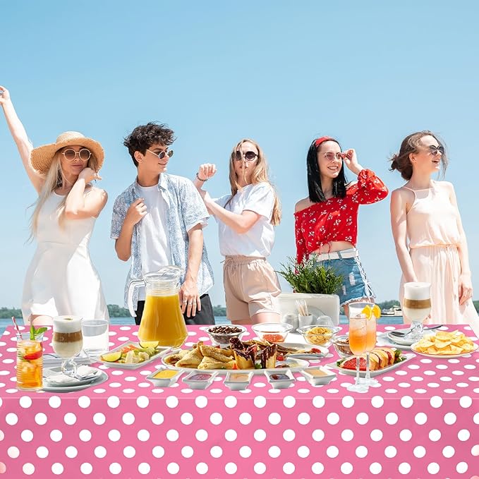WNINK 4 Pack Pink and White Polka Dot Tablecloths – Pink Disposable Plastic Waterproof Table Cover, 54" x 108", for Birthday, Wedding, Bridal Shower, Bachelor, Pink Girl Party, and Picnic