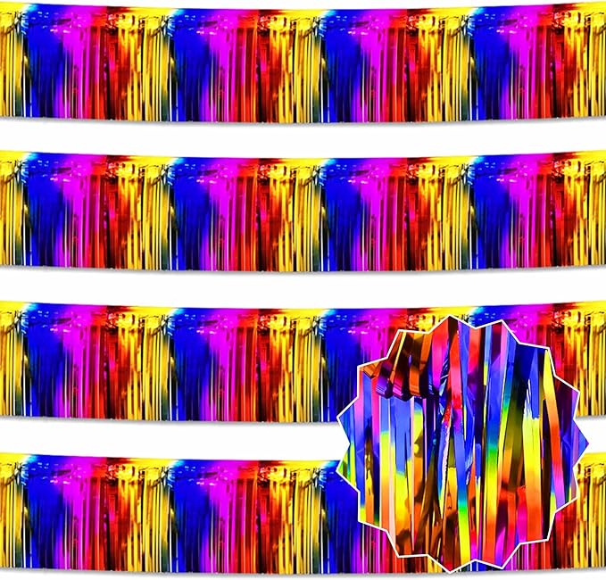4 Pack 10 Ft Rainbow Foil Fringe Garland Metallic Streamers Tinsel Banner Wall Hanging Garland Backdrop for Parade Floats, Halloween, Christmas, Thanksgiving, New Year Party Decorations