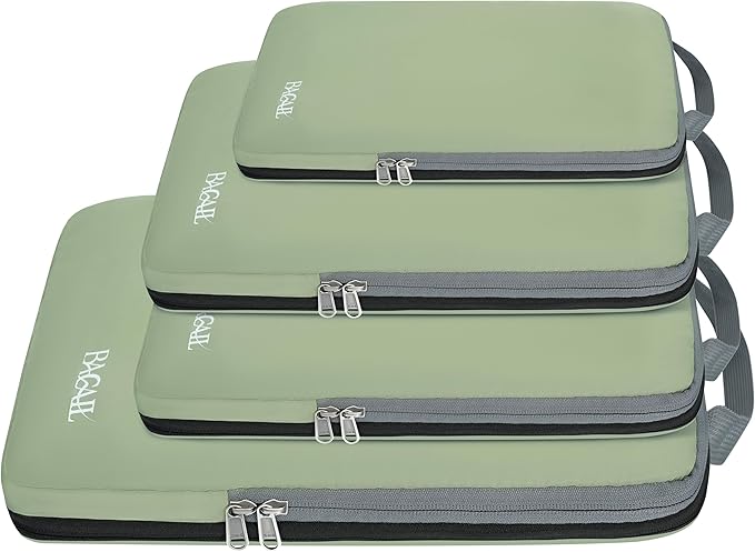 BAGAIL 4 Set/6 Set/8 Set Compression Packing Cubes Travel Accessories Expandable Packing Organizers (Cloth Pattern, 4-Matcha Green)