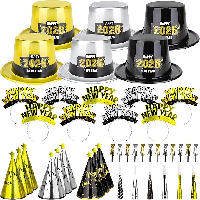 48PCS New Year's Eve Party Supplies for 24 Guests - Happy New Year Headband, Gold Black Party Favors, Cone Hats, Horns, Blowouts - Accessories in Plastic Cardboard