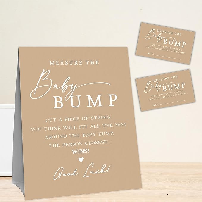 Baby Shower Measure The Baby Bump, Brown Measure Mommy's Belly Game Set - 1 Self-Standing Sign And 50 Tickets - Gender Reveal, Baby Shower, Baby Announcement Activity & Party Favor Supplies - A08