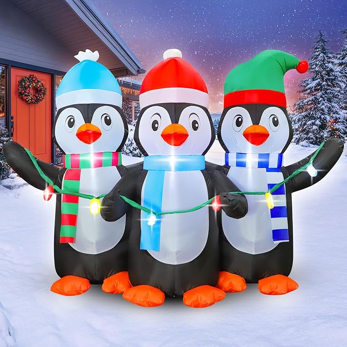 FunFanso 6 FT Christmas Inflatable Penguin Decoration, Blow up 3 Cute Penguins, Blowsup Decor, Built-in Bright LED Lights, Festival Decorations for Christmas Party Outdoor Yard Patio Garden Lawn Décor