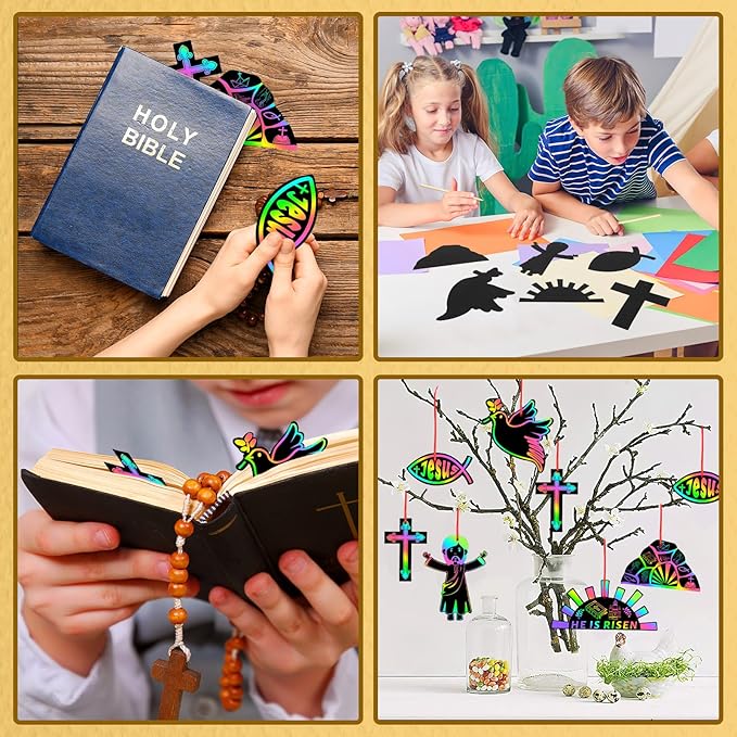 JULMELON 36 PCS Religious Easter Crafts, Rainbow Scratch Art for Religious Gifts Magic Color Resurrection Cross Scratch Cards Christian Sunday School Bible Crafts Classroom Party Favors