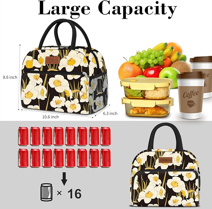 Coobiiya Lunch Bag Women, Daffodil Lunch Bag for Women Adult, Small Leakproof Cute Lunch Box Tote Large Capacity Reusable Insulated Cooler Lunch Container for Work/Office