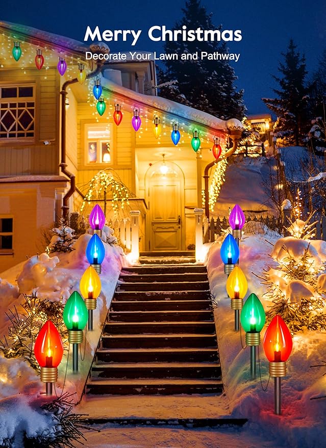 2 Pack Jumbo C9 Christmas Pathway Lights Outdoor Decorations Lawn with Stakes,Tota 17Ft 10 LED String Lights Covered Jumbo Multicolored Walkway Lights Bulb for Holiday Outside Yard Garden Decor