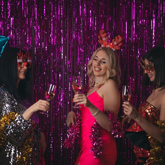 5 Pack Hot Pink Party Decorations - Tinsel Curtain Streamers Foil Fringe Backdrop for Birthday, Christmas, Bachelorette, Graduation, Fiesta Photo Booth