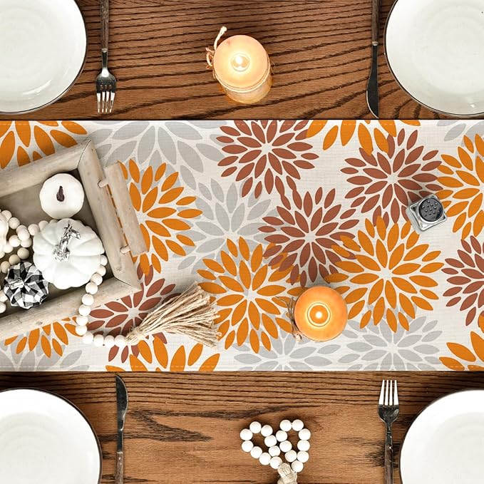 Artoid Mode Orange Dahlia Floral Pinnata Fall Table Runner, Seasonal Autumn Thanksgiving Kitchen Dining Table Decoration for Home Party Decor 13x90 Inch