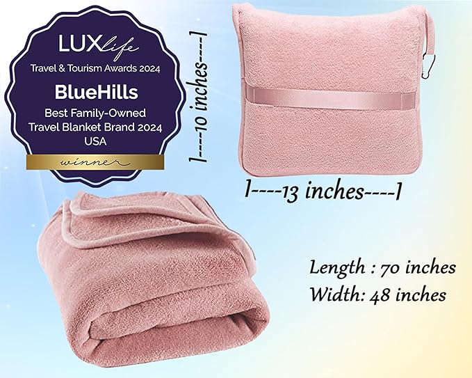 BlueHills Premium Soft Long Travel Blanket Pillow for Tall Airplane Flight Blanket 70 X48 inch Throw in Soft Bag case with Backpack Clip Compact Large Plane 2 in 1 Combo Pink T055