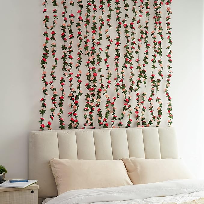 BLEUM CADE 2Pcs 16.4Ft Flower Garland Artificial Rose Vines for Bedroom, Cute Fake Hanging Flower Vines Floral Garland Decorations for Wedding Party Wall Room Decor Aesthetic