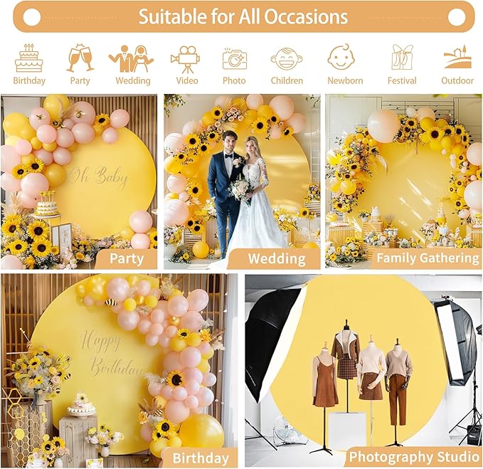 Gallety 7.2FT Yellow Round Backdrop Cover with Size Adjuster & 4 Metal Clips, Universal Fit for 5ft-7.2ft Circle Stand, Polyester Fabric Arch Cover for Wedding, Birthday Party, Photography Decor