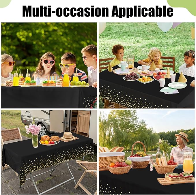 Smiry Disposable Table Cloth - 10 Pack, 54 x 108 Inch Waterproof Rectangle Tablecloths for Parties, Decorative Plastic Table Cover, Leakproof & Sturdy, Black & Gold