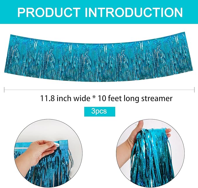 BEISHIDA 3 Packs Metallic Foil Fringe Garland Laser Lake Blue Wall Hanging Tinsel Fringe Banners for Car Floats Bridal Shower Wedding Birthday Easter Graduation Holiday Party Decoration(30 Feet)