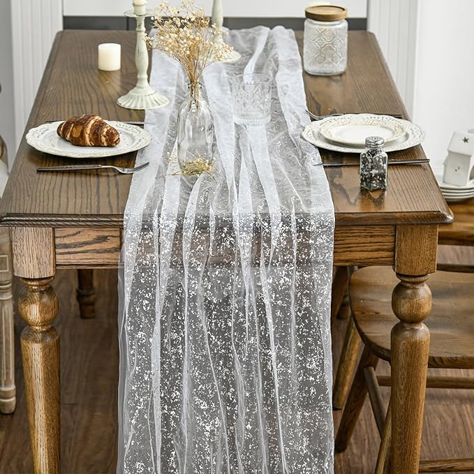 Artoid Mode White Silver Gauze Table Runner 120 Inch 10Pcs, Glitter Metallic Foil Sheer Dining Holiday Wedding Anniversary Birthday Table Decor for Home Party