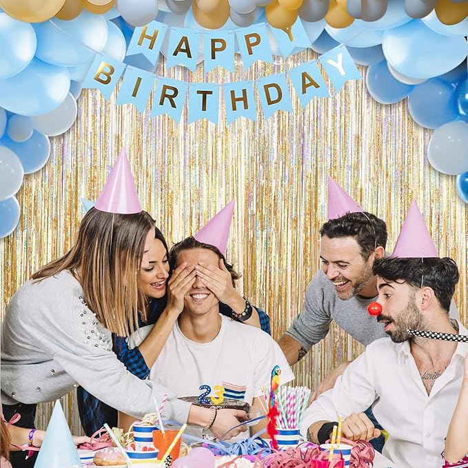 2 Pack Laser Champagne Gold Foil Fringe Curtains Streamers Party Decorations 3.3 x 8.2 ft, Tinsel Curtain Fringe Backdrop for Parties, Door Fringe Birthday Streamers, Photo Booth Backdrops