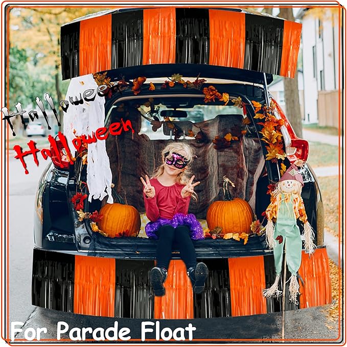 4 Pack 10 Feet Black Orange Halloween Parade Float Decorations for Trailer Car, Foil Fringe Tinsel Streamers Banner Garland for Halloween Graduation Homecoming Party Decoration (Black Orange)