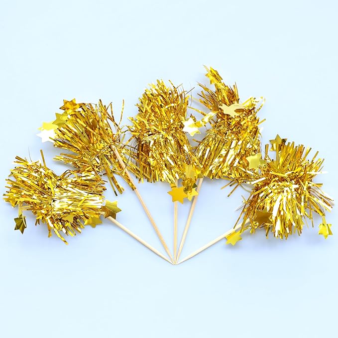 Gyufise 30Pcs Star Foil Firework Cupcake Toppers Sparkle Tinsel Cake Toppers Tinsel Drink Cake Decoration Cocktail Picks for Birthday Wedding Graduation Party Supplies Gold