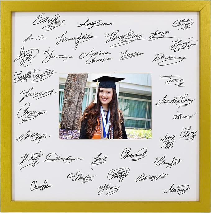 GraduatePro 14x14 Signature Picture Frame Board for 5x7 Photo with Signable Mat for Birthday Party Graduation Wedding Guest Book Gold