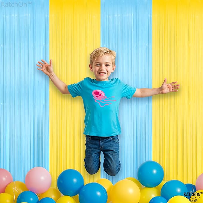 Katchon, Light Blue and Yellow Fringe Backdrop - Feet, Pack of 2 | Blue and Yellow Birthday Decorations, Easter Backdrop Curtain | Sponge Party Decorations, Baby Shower Decorations for Home