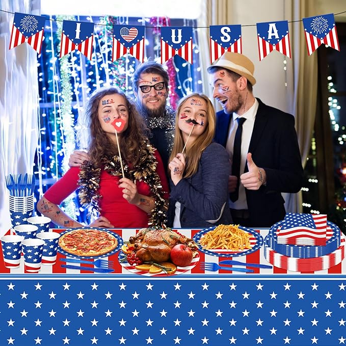 108PCS 4th of July Party Supplies American Flag Tableware Set Forth of July Patriotic Party Decorations Patriotic Paper Plates and Napkins Tablecloth Memorial Independence Day Dinnerware for 16 Guests