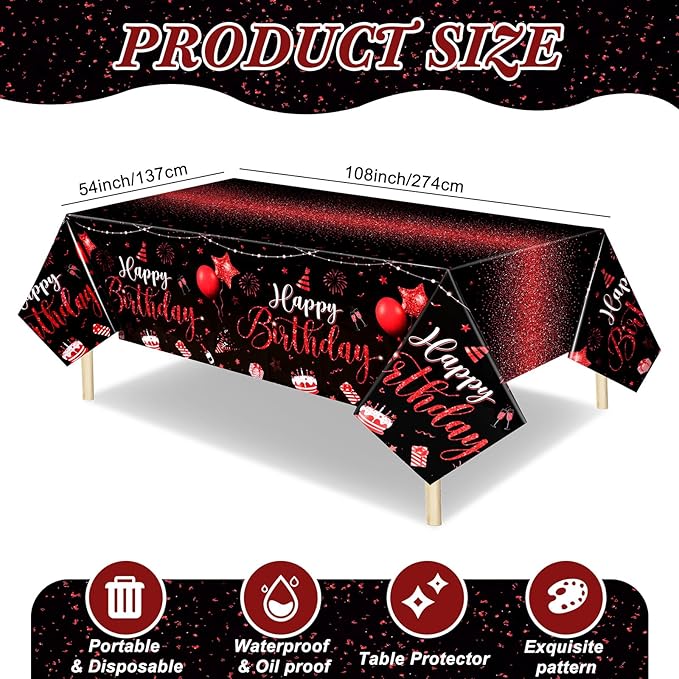 Tudomro 3 Pcs Happy Birthday Tablecloths Happy Birthday Party Decorations Plastic Table Cover Rectangular Cloths for Women Men Baby Shower Party Supplies, 108 x 54 Inch (Black Red)