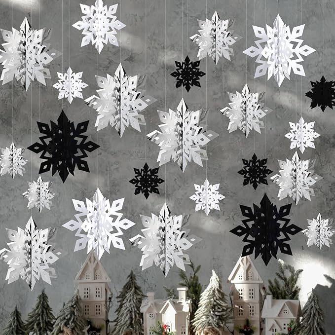 OuMuaMua Christmas Snowflake Decorations Indoor, 24PCS 3D Paper Snowflakes Hanging Ornaments Snowflake Garlands for Xmas Christmas Tree Winter Wonderland New Year Party Home Decorations