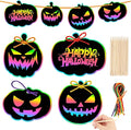 JULMELON 36 Pieces Halloween Scratch Paper Crafts Kit Bulk of Halloween Pumpkins Magic Rainbow Scratch Art for Kids DIY Party Ornaments Halloween Decor with 12 Wooden Sticks and 36 Colorful Ribbons