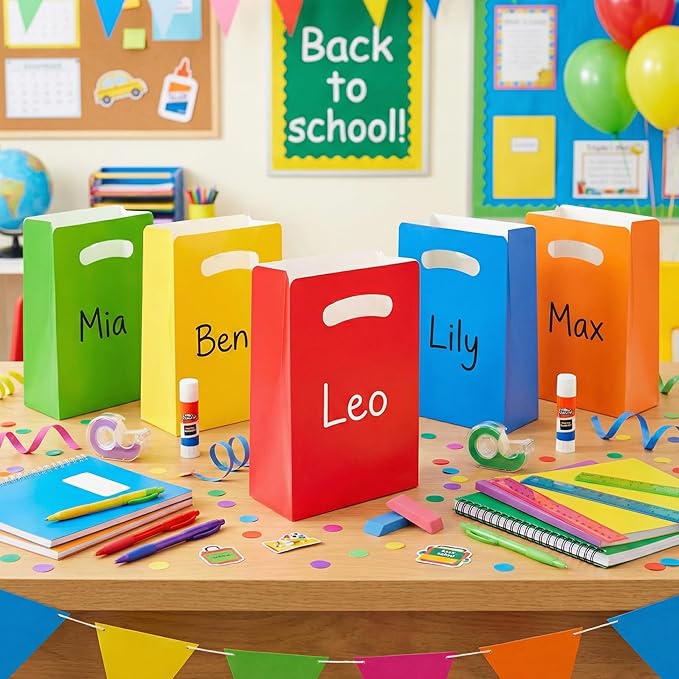 UnicoPak 15 Pack Colorful Party Favor Bags - 6×3×9” Vibrant Goodie Bags in 5 Assorted Colors for Birthday, Classroom, Halloween - Sturdy Red Blue Yellow Green Orange Gift Bags, Customizable for Treats Cookies