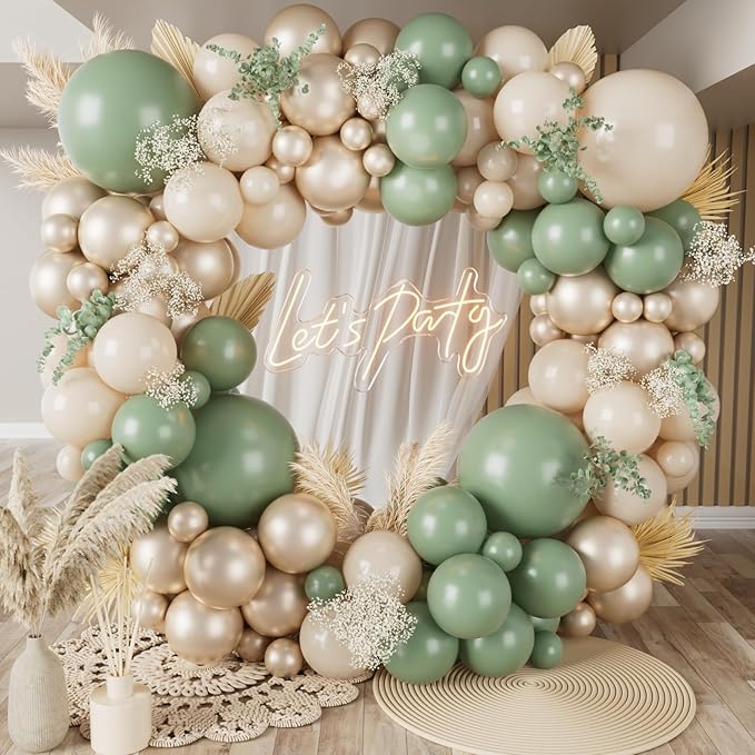 Sage Green Balloon Arch Kit, 142PCS Sage Green White Sand Gold Balloon Garland kit, 18 12 10 5 Inch Different Size Balloons for Baby Shower Bridal Shower Birthday Engagement Wild One Party Decorations