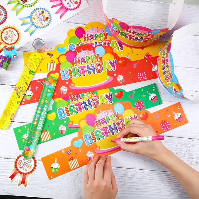 Yunsailing 108 Pcs Happy Birthday Party Supplies for Kids Include 36 Birthday Paper Crowns 36 Badge Stickers and Slap Bracelets for Classroom School Party Supply(Bright Color)