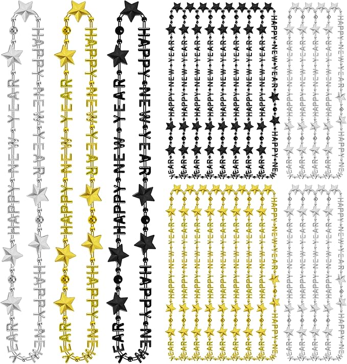 24PCS New Years Necklace Decorations, Bead Necklaces Party Supplies 2026, HAPPY NEW YEAR Star Necklaces Bulk Accessories, Black Gold Silver Bead Necklace 2026 Decorations
