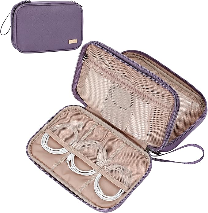 NISHEL Travel Cord Organizer Case, Double Layers Tech Electronic Bag, Essentials for Charger, Cable, Phone, Flash drive, Large, Purple