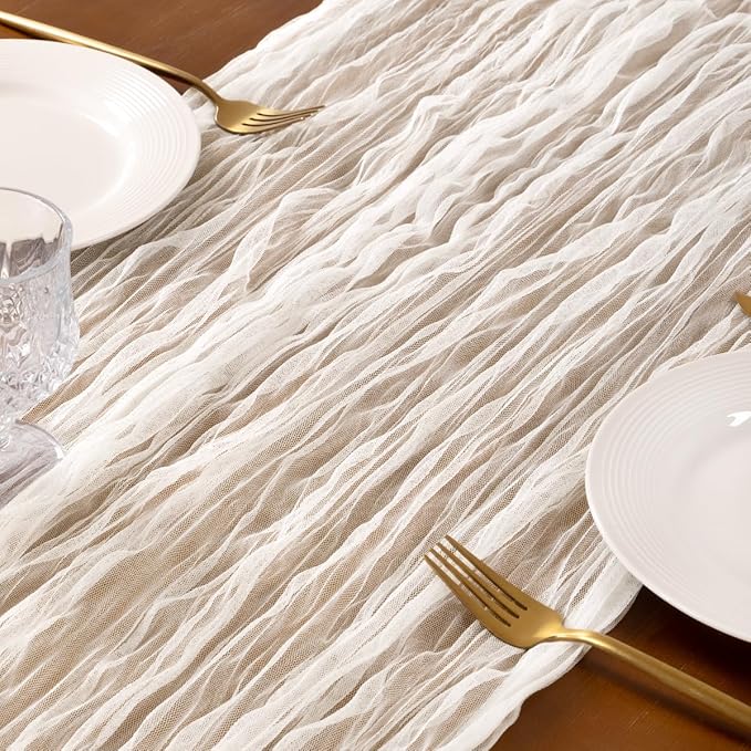 Socomi Ivory Cheesecloth Table Runner Tulle Gauze Cheese clothBoho Rustic 120 inch 10FT Runner for Wedding Party Baby Shower Birthday Holiday Decorations 3pcs