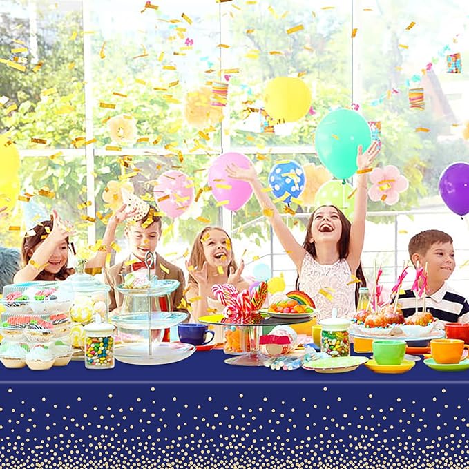 12 Pcs Navy Blue Plastic Tablecloth Gold Dot Blue Table Cloth, 54×108 inches Disposable Gold Dot Confetti Dark Blue Table Cover for Anniversary, Friendsgiving, Fine Dining, Graduation Party Decoration