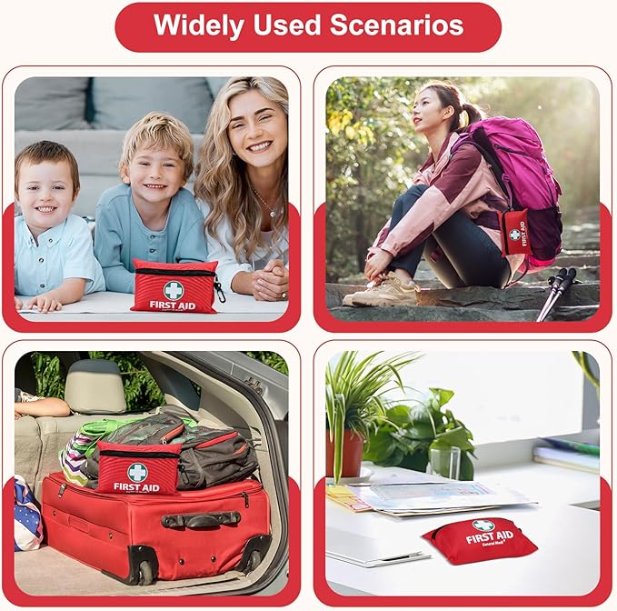 General Medi Mini First Aid Kit, 150 Piece Small First Aid Kit - Includes Emergency Foil Blanket, Scissors for Travel, Home, Office, Vehicle, Camping, Workplace & Outdoor (Red)