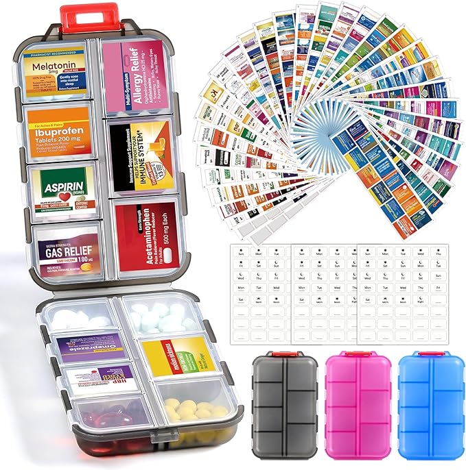 3 Pack 14 Grids Travel Pill Organizer Box with 415-Pcs Medicine Name Labels - Pocket Daily Pharmacy Case Container Kit - Travel Medication Holder Dispenser for Fish Oil Vitamin Supplement - Clear