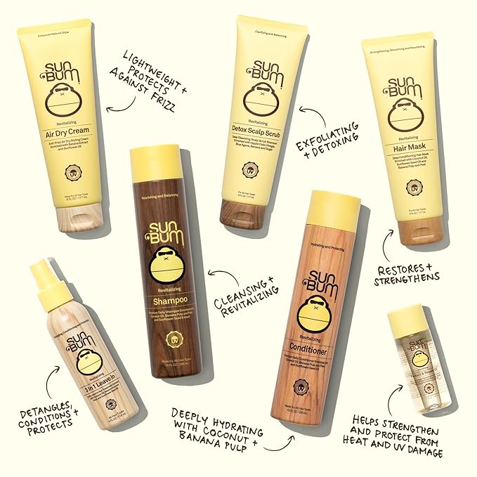 Sun Bum Hair Care Travel Essentials Kit - Revitalize Your Hair With Revitalizing Shampoo, Conditioner, and 3-in-1 Leave In Treatment - Includes Aloha Collection Travel Pouch