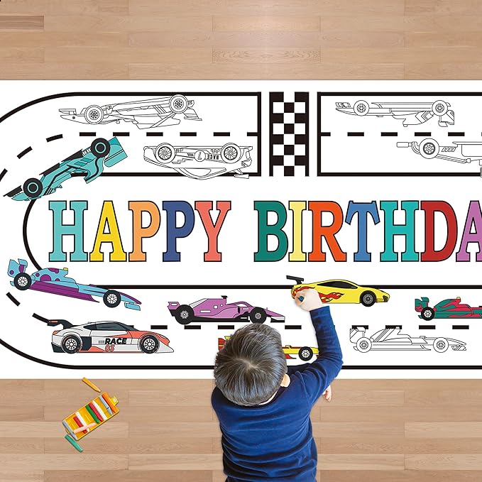 OHOME Race Car Giant Coloring Poster/Tablecloth - Race Car Birthday Party Decorations - 30 x 72 Inches Jumbo Coloring Banner Kids Crafts Activities Decor Party Supplies